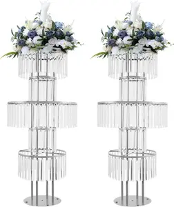 2Pcs 5 Tier Table Chandelier Centerpiece, 43.3 Inch Round Crystal Vase Stands for Wedding Birthday Party, Hotel Decor (Silver)
