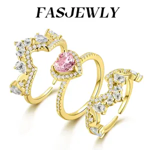 Fasjewly Luxury Pink Heart Crown Stacking Ring Set with Cubic Zirconia Stones Adjustable Open Band for Stylish Ladies US Sizes 5-10
