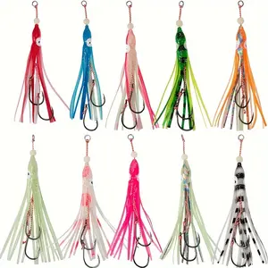10pcs Glow-in-the-Dark Octopus Fishing Lures - Multi-Color Bionic Soft Bait with Squid Hooks for Deep Sea Boat Fishing, Night Glow Synthetic Rubber Baits in Orange, Green, Blue & Black