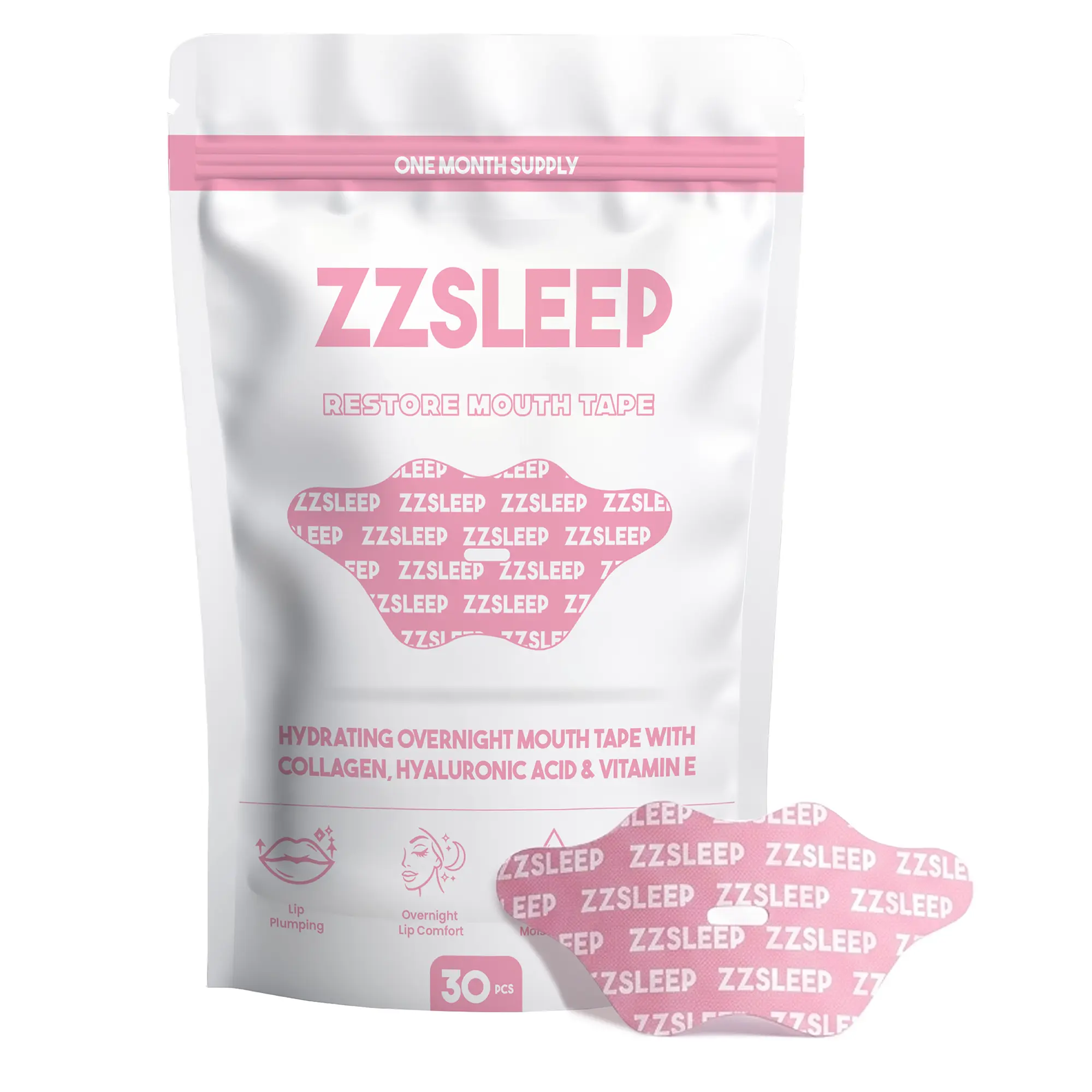 ZZSLEEP Restore Lip Shaped Bright Pink Mouth Tape (30 Srips) – Hydrating Lip-Mask Center with Collagen, Vitamin E + Hyaluronic Acid – Breathable, Skin-Friendly Sleep Tape for Nasal Breathing & Restful Recovery