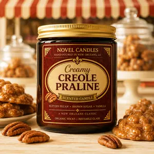 8 oz Creamy Creole Praline Candle | Buttery Pecan & Brown Sugar Scent | Handmade in New Orleans Inspired | Vegan Coco-Soy Wax | Reusable Glass