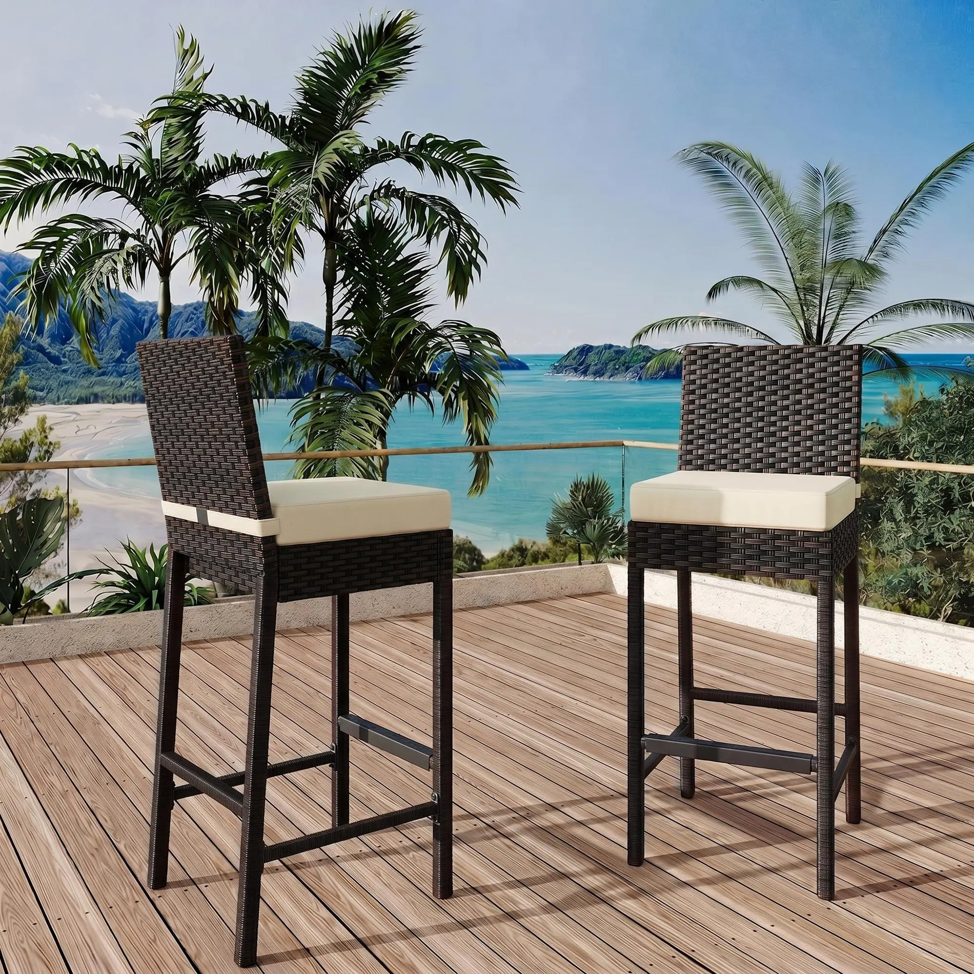 Outdoor Wicker Bar Stools Set of 2,Patio Rattan Barstools for Backyard