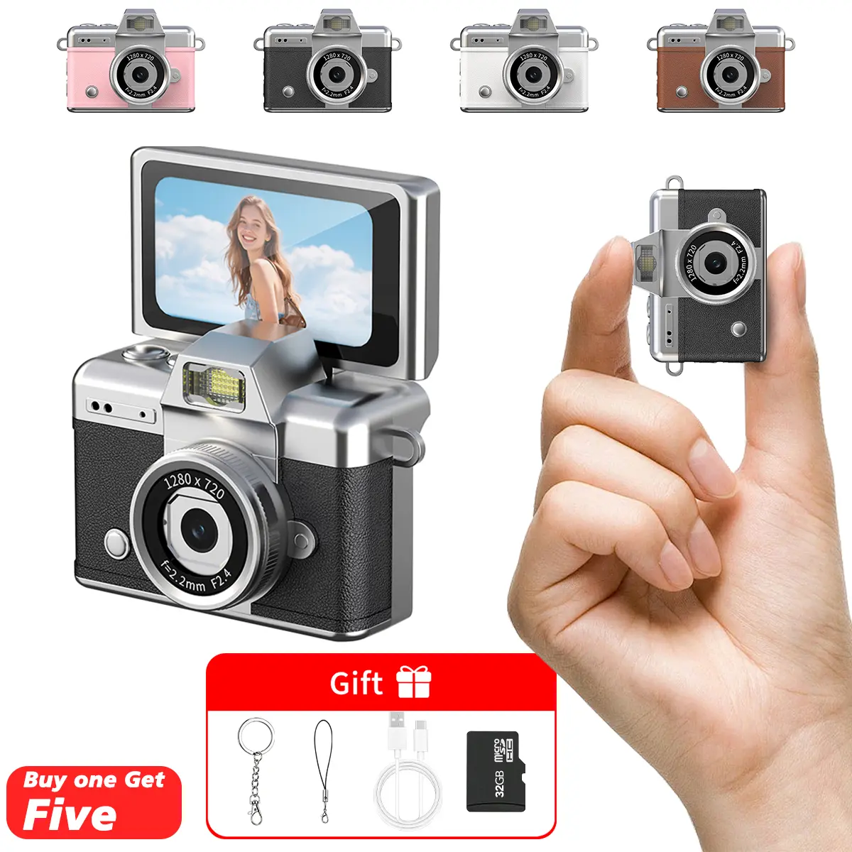 Mini Keychain Digital Camera - Pocket-Size Camera 1080PHD with 1MP Lens, Flash & 0.96" Screen, 32G Card, lanyard, Charging Cable Included, Retro Vlog Camera for Travel,Concerts, Kids & Instant Party, Sparkling Rose Gold sohochic