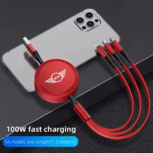 100W super fast charging 3-in-1 telescopic data cable For MINI JCW Cabrio Cooper Countryman Aceman Clubman Coupe Paceman Roadster F57 F55 F54 R61 R60 R59 R58 R57 R56 R55 R53 R52 R50