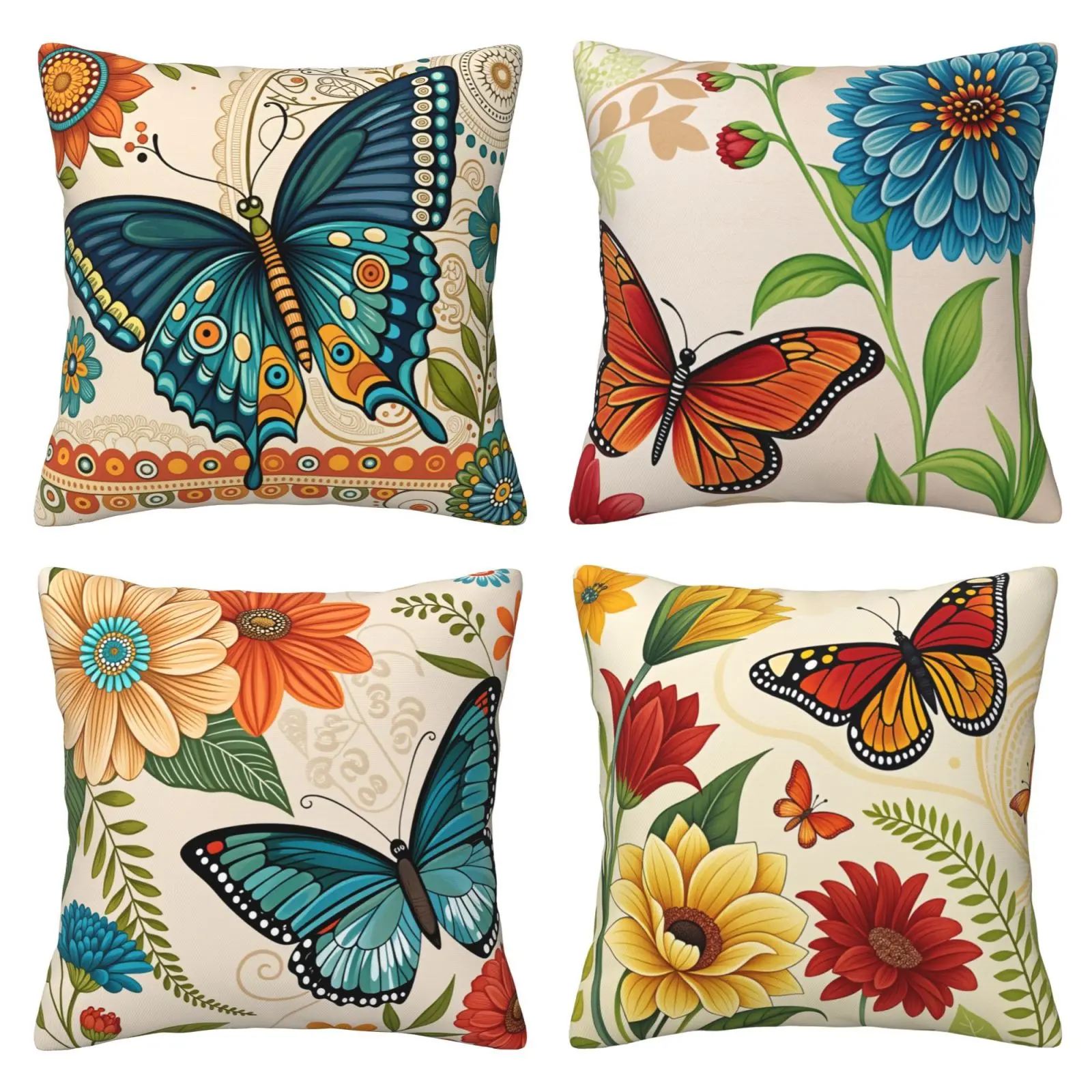 Spring Pillow Cover Farmhouse Wind Pillow Cover Flower Butterfly Decorative Cushion Cover Suitable for Sofa, Outdoor Bedroom 4-piece Set Double sided Printing Home Textile Room Cozy Accessories