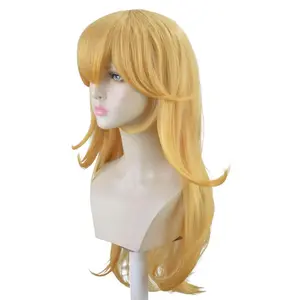Anime Golden Princess Wig with Bangs, Yellow Long Wavy Film Cosplay Synthetic Blonde Wig for Halloween Costume Party