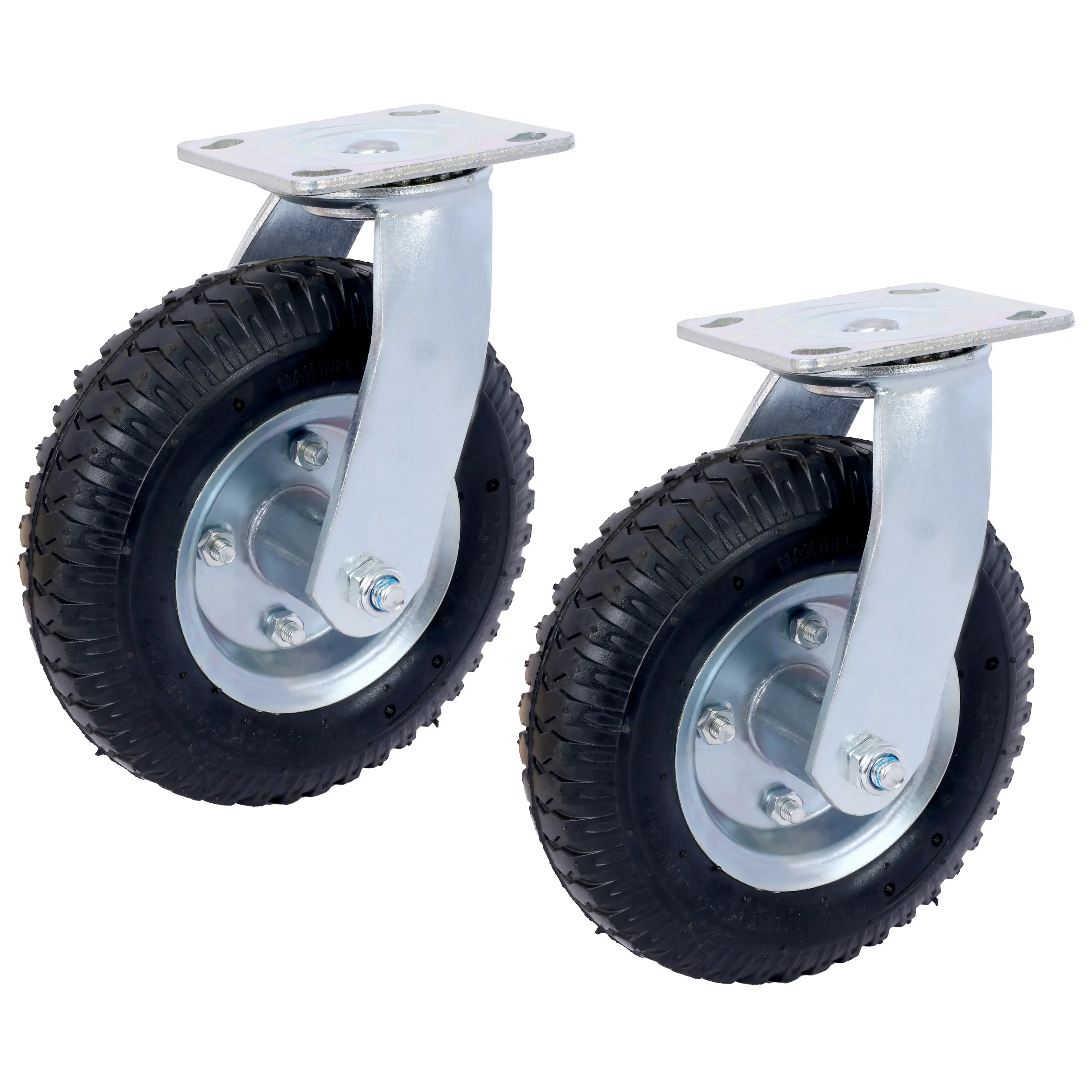 2PCS 8" Large Pneumatic Swivel Casters, Metal Steel Hub, 5/8" Centered Bore Axle, Swivel Plate, Ball Bearings, Ribbed Tread, Robust Construction, Cushioned Ride, 220 lbs Capacity, for Indoor/Outdoor Use - Black