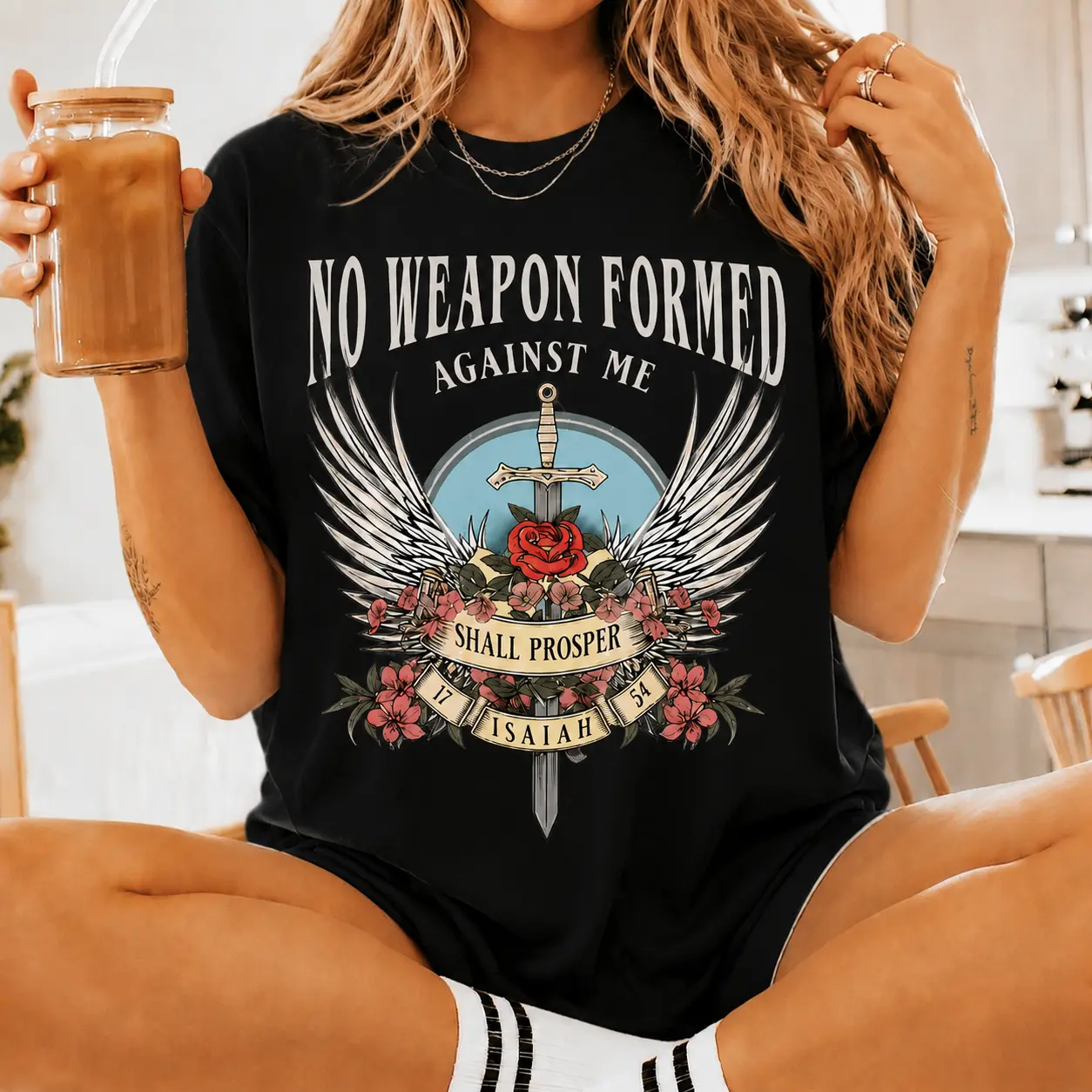 Boho Christian No Weapon Formed Against Me Bible Verse Cozy , Her Godly Gifts Religious Jesus Apparel Christian Round Neck Tee
