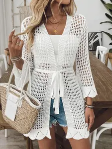 Women's Plain Open Front Long Sleeve Crochet Knitting Cardigan with Belt, Casual Womenswear Knitwear for Summer, Fashion Women's Knit Clothing for Daily Wear