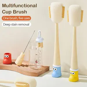 5-in-1 Multifunctional Cup Brush Set -Includes 4 brush heads -Food-Grade Silicone & Sponge Heads | Rim/Gap/Straw Cleaner for Bottles Mugs