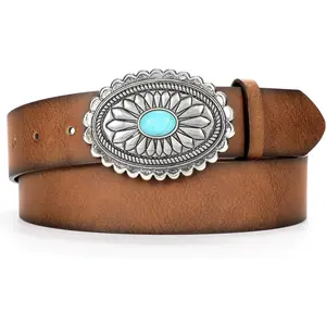 Women Western Leather Belt  Country Belts For Cowgirl Jeans Dresses Ladies Concho Belt With Turquoise Buckle