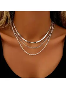 3 PCS Stainless Steel Layered Chain Necklace Set, Unisex Fashion Multi-Layer Necklaces, Daily Wear Necklace, Daily Party Jewelry Accessories, Exquisite Birthday Holiday Gift for Men Women, Layering Necklaces
