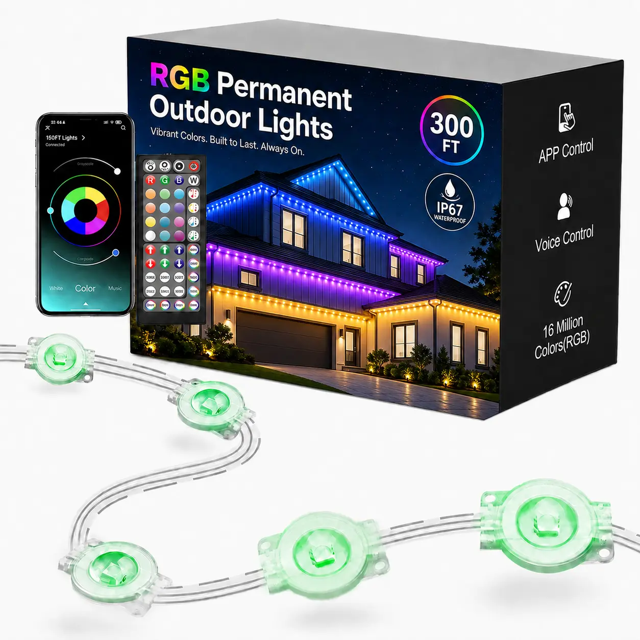 100FT Permanent Outdoor Lights, Smart RGBIC Eave Lights with App Control, Bluetooth Connected Roofline LED Lights for House Exterior, Christmas, Halloween, Holiday Decor & Year-Round Home Lighting