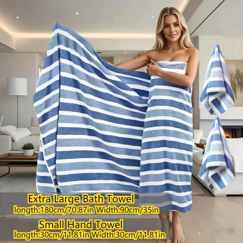 3 Pieces Oversized Bath Towels Set with Three-Color Stripe Design, Includes 1 Large Bath Towel and 2 Washcloths, Super Absorbent Soft Fluffy Fabric Towel Sets