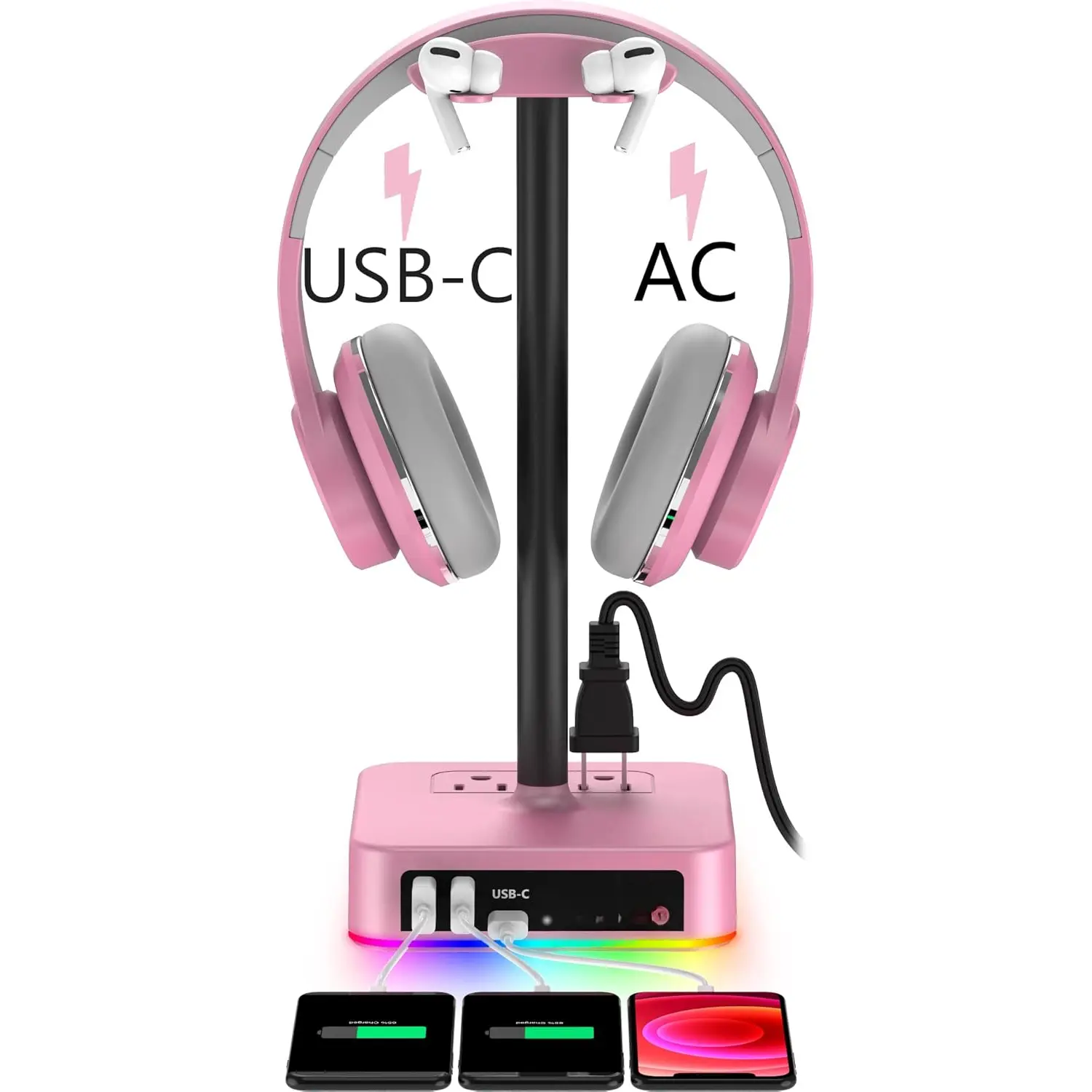 RGB Headphone Stand with USB Charger Desk Gaming Headset Holder Hanger Rack with 3 USB  Port and 2 Outlet - Suitable for Gamer Desktop Table  Earphone Accessories Girlfriend