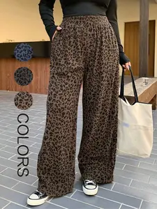 Plus Size Women's Loose-Fit Leopard Print Corduroy Pants with Elastic Waistband, Coffee-Colored Long Pants for All Seasons, Perfect for Back to School and Casual Dates, Casual Fashion Pants