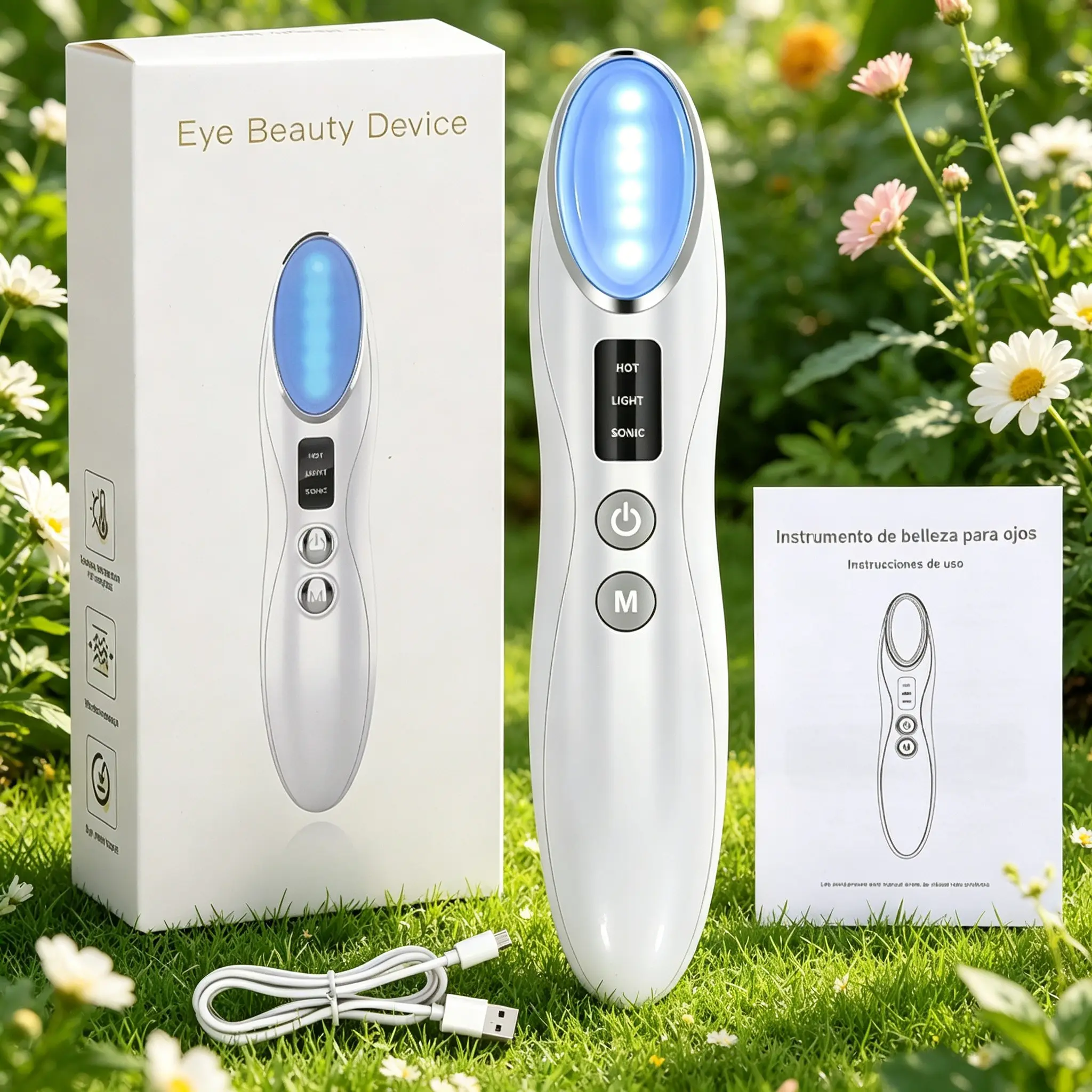 Rechargeable LED Eye Massager Wand, 3-In-1 Skin Care Tool, Blue// Light Therapy, Sonic Vibration & Heating, for Dark Circles, Eye Bags