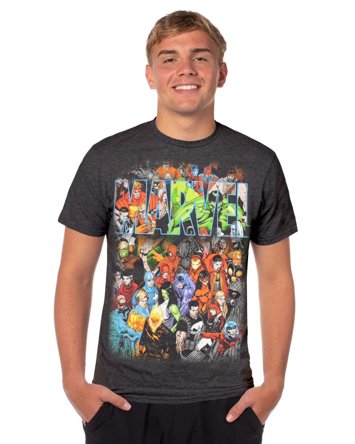 Marvel T-Shirt Mens Comics Logo Superheroes Captain America Spider-Man Hulk, Streetwear, Shortsleeve