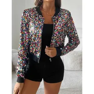 Women's Glitter Sequin Zip Up Jacket, Casual Long Sleeve V Neck Outerwear for Daily Wear, Ladies Clothes for All Seasons, Coats