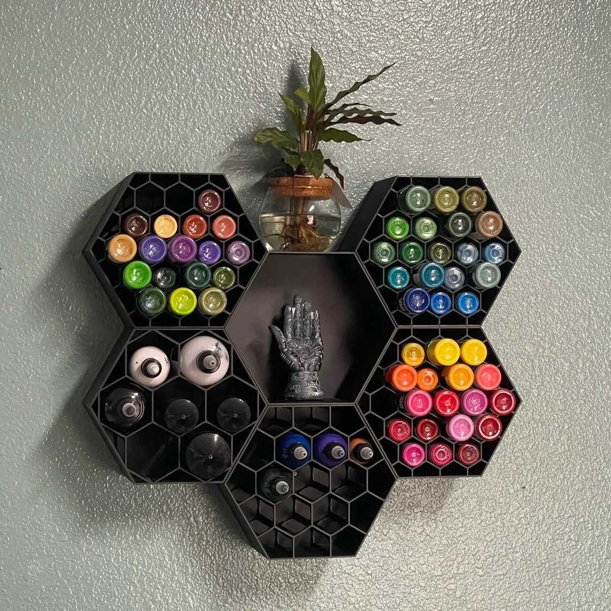Hexxpro shelving for bottles. Hold 1oz to 8oz bottles. Wall mount or desktop.