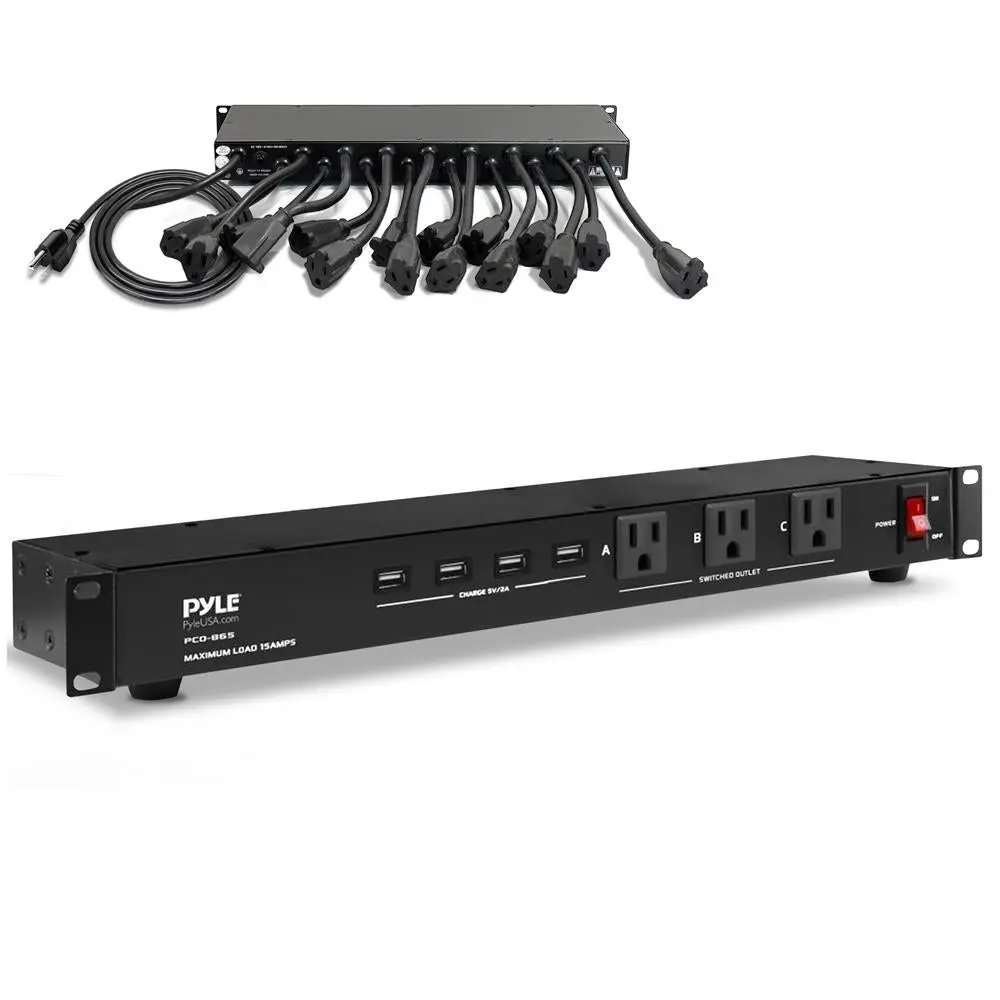 Pyle 1U Heavy Duty Rackmount Power Strip Surge Protector - 19 AC Outlets (3 Front,16 Rear), 4 USB Charging Ports, 15A Circuit Breaker, 110-240V Power Conditioner, 18.89’’x13.38’’x1.73’’ Multi Plug Outlet for Audio & Server Rack Equipment