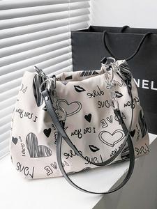 women's fashionable cartoon heart pattern tote bag, casual large capacity shoulder bag for daily used, trendy all-match bag for commuters and students, valentine's day, ladies purse