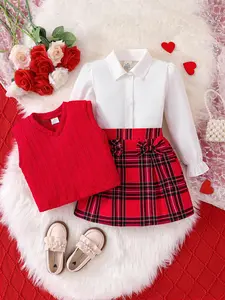 3-Piece Stylish Girls Set for Spring & Fall, Includes Long Sleeve Button-Up Shirt, Knit Vest, and Plaid Skirt with Bow, Comfortable Casual Wear for Kids' Daily Activities, Clothing Sets, Fine Girls Outfit