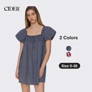Cider Gingham Mini Dress – Smocked Square Neck Puff Sleeve Cotton, Cottagecore Retro Chic Style for Daily Casual Picnic, Summer High Rise Empire Waist Fit-and-Flare Gown SwimWeek