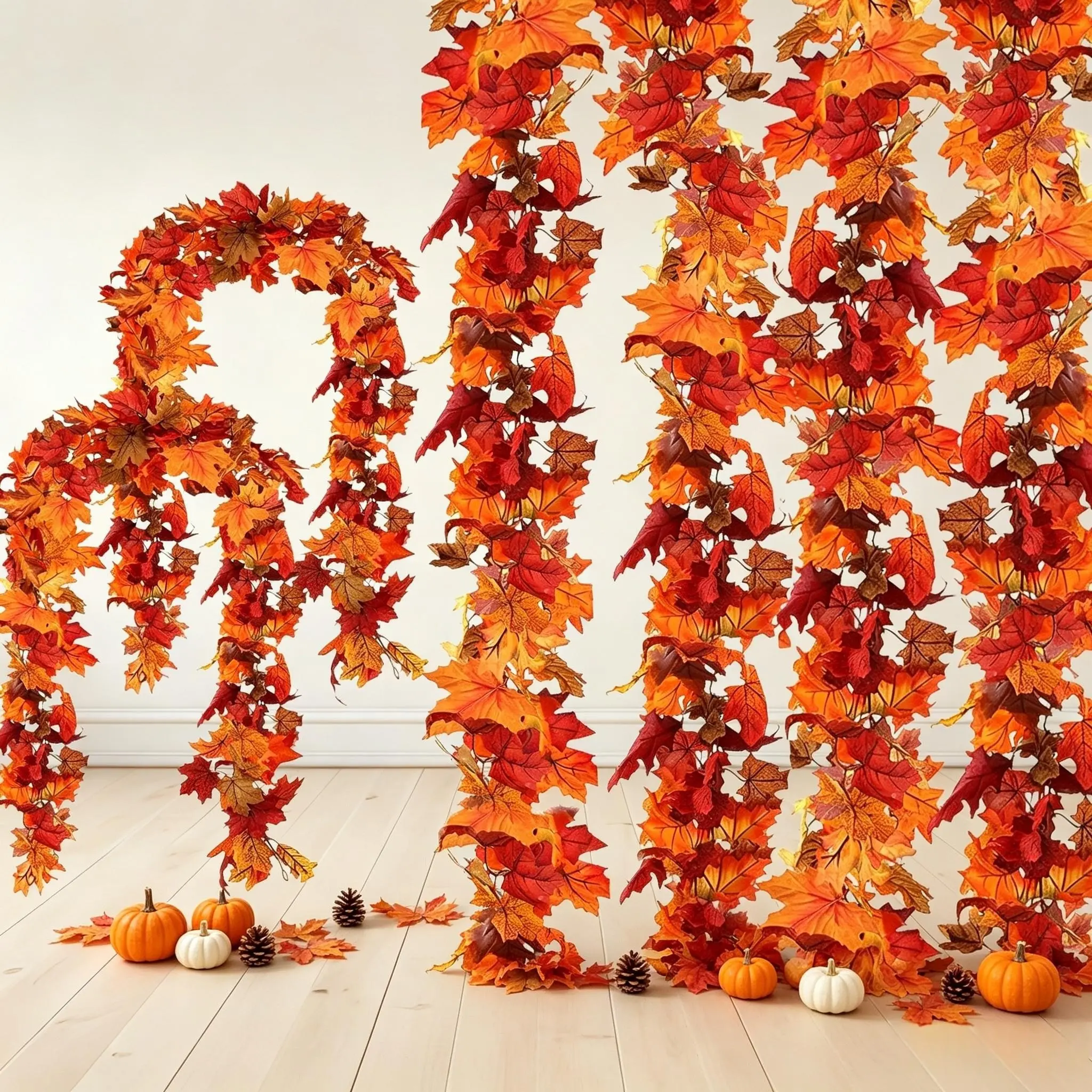 Fall Maple Leaf Garland Hanging ornament Autumn Decor Flexible Artificial Foliage Vine (175cm/5.74 ft ） for Thanksgiving Halloween Indoor/Outdoor Home Decor  Available in 2/4/6Pack Farmhouse Lightweight