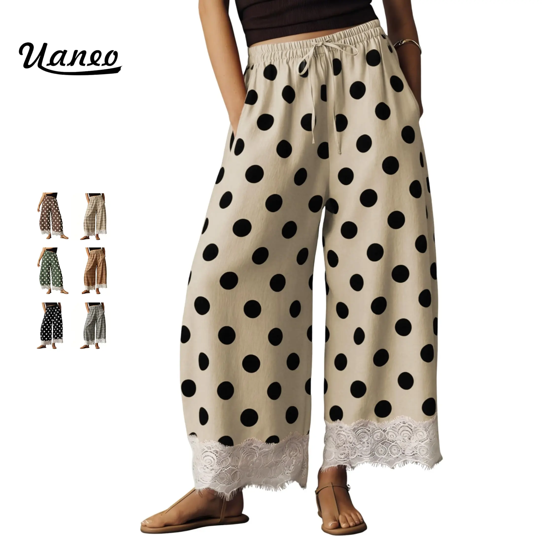 UANEO Womens Polka Dot Wide Leg Palazzo Pants High Waisted Summer Lace Trim Cropped Baggy Trousers with Pockets
