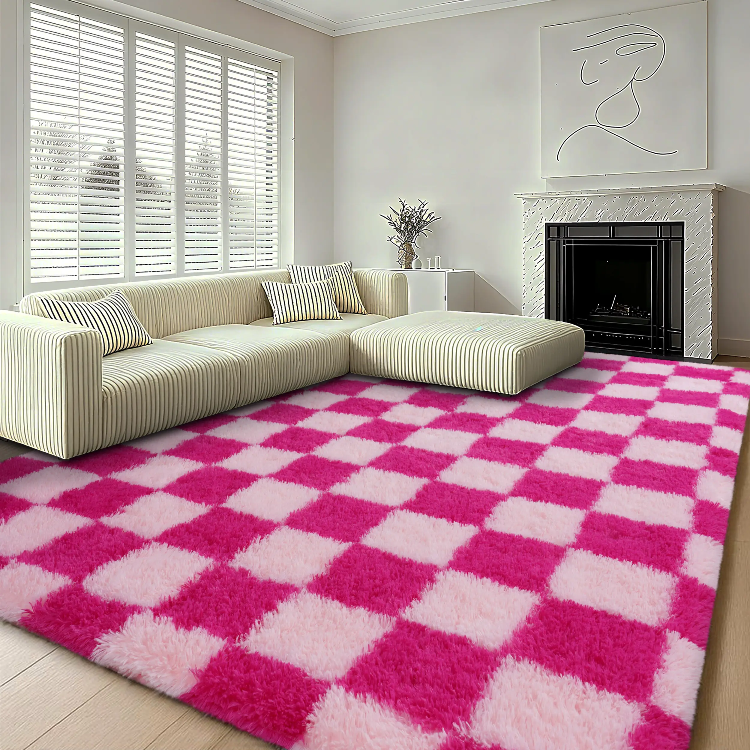 【Back to School】MUGORN Soft Plush Checkered Carpet - Durable Polyester Carpet, Non-Slip, Comfortable and Soft Plush Mat for Bedroom Home Decor