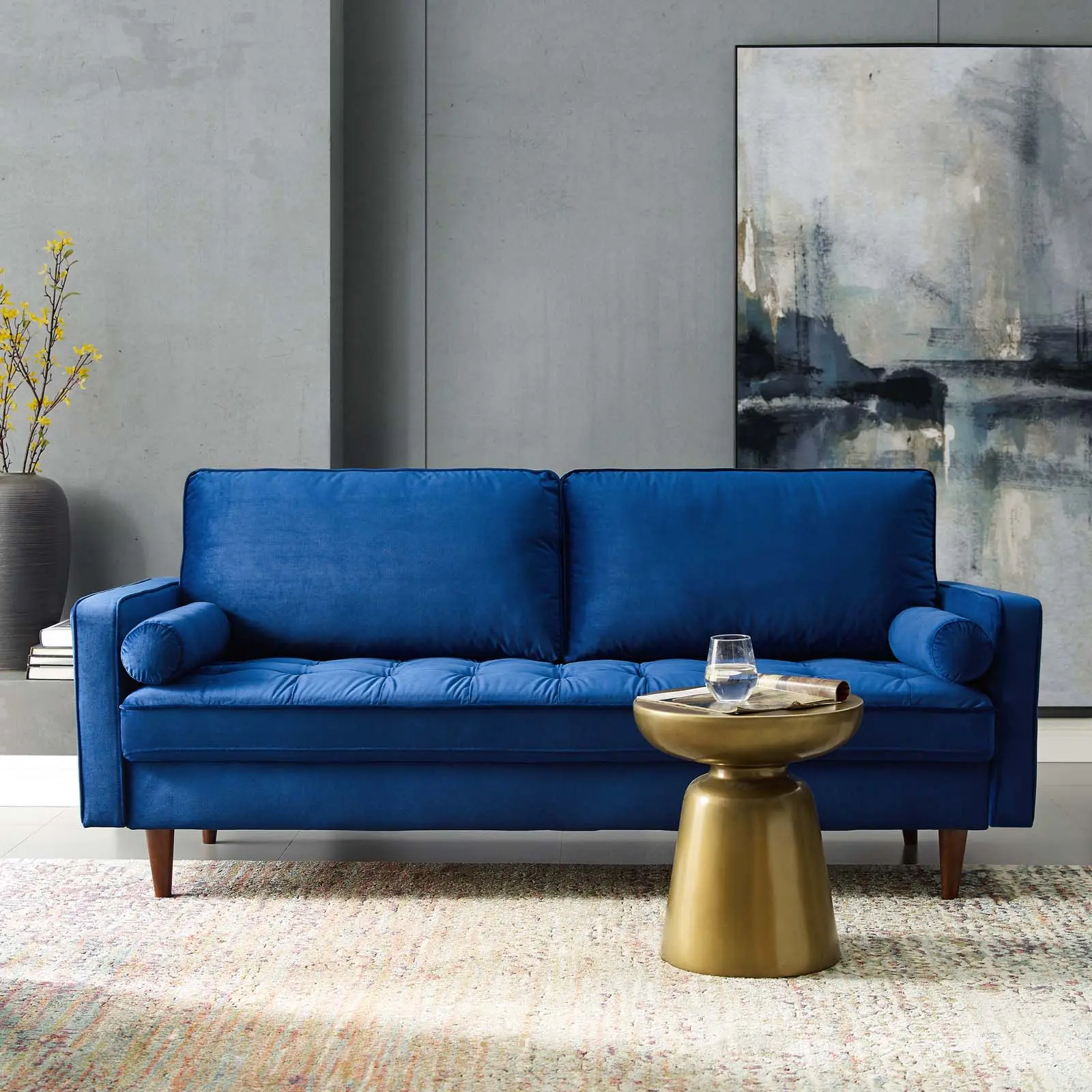 Modway Valour Midcentury Modern Indoor Sofa - Navy Spill-Proof Performance Velvet, Biscuit Tufting, Dense Foam Padding, Inner Spring Pocket Coils, Sinuous Spring Support, Comfy Easy-Maneuvering Couch