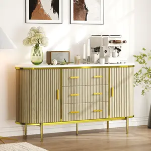 Fluted Sideboard Buffet Cabinet, Kitchen 59in Large Credenza Storage Cabinet Media TV Console Table with 6 Drawers and 2 Sliding Doors for Living Room Entryway, Oak