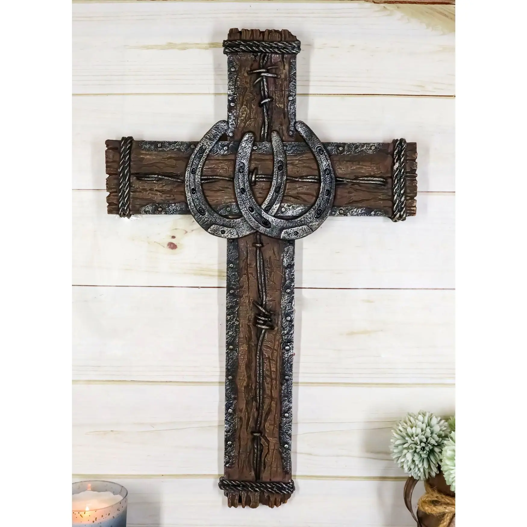 Religious Rustic Western Wall Cross Decor Plaque - 19" with Lucky Horseshoes, Barbed Wire, and Rope Accents
