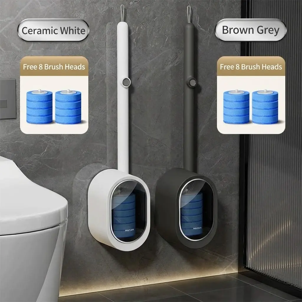 Disposable Toilet Brush Set with 32 Refills – Wall Mounted Deep Cleaning Bathroom Brush