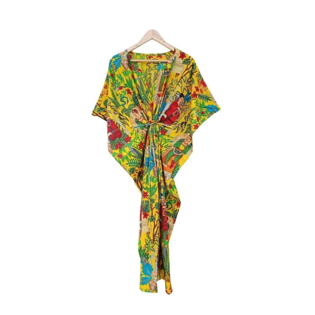 Block Printed Frida Kahlo Kaftan - Yellow