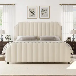 King Size Platform Bed Frame  Upholstered Bed Frame with Headboard and Footboard  Strong Wooden Slats Support  No Box Spring Required King Size Bed Frame  Beige