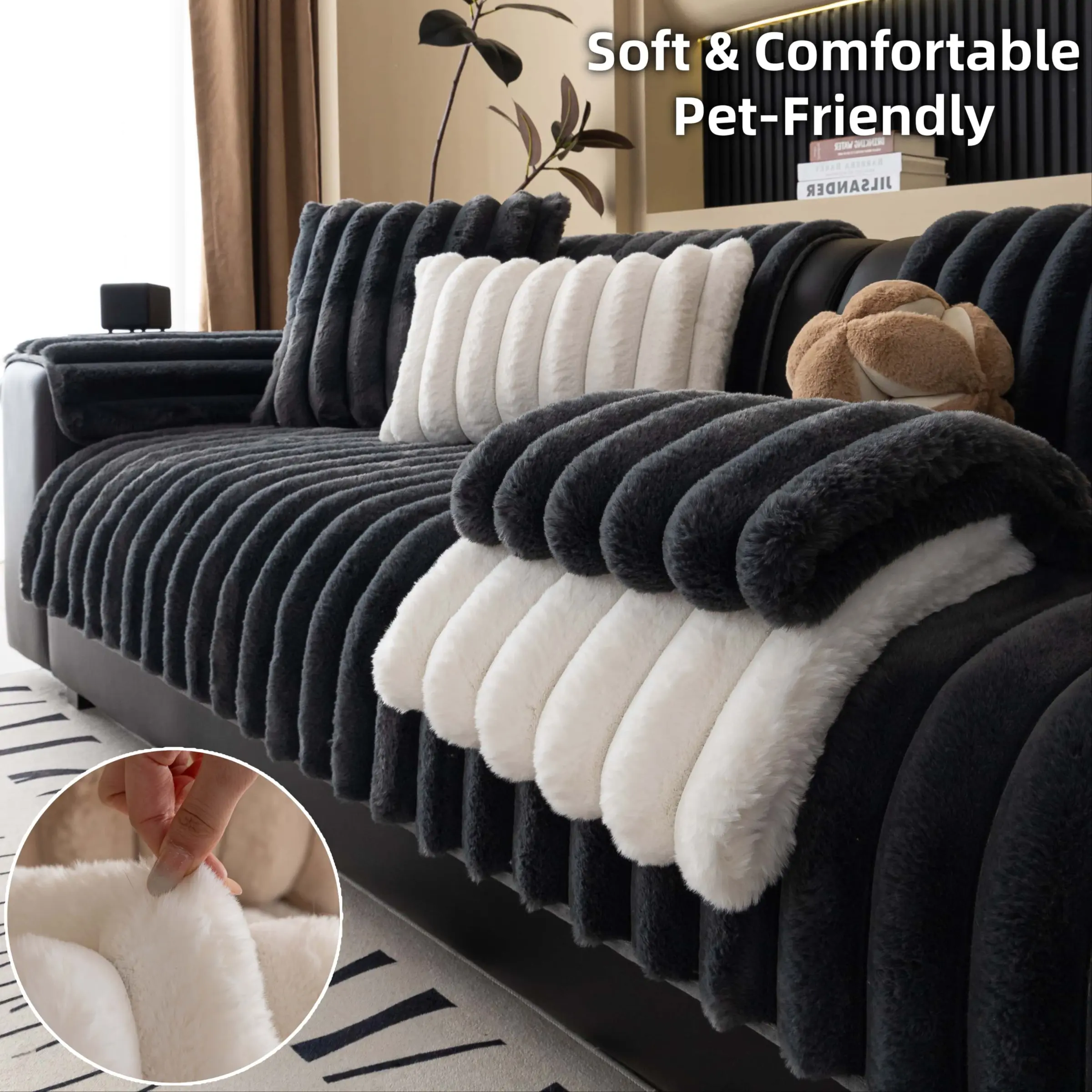 Fluffy Faux Fur Sofa Cover, Soft Plush Non-Slip Couch Cover, Pet-Friendly Machine Washable, Warm Furniture Slipcover for Dogs & Cats, Fits Sectional Sofa Covers, Armchair, Loveseat, Furniture Slipcovers For Sofa Sectional