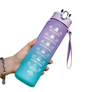Rainbow Color Water Bottle 32oz/1L, Motivational Design with Time Scale and Carry Strap, Straight Cylinder Shape, Ideal Gift
