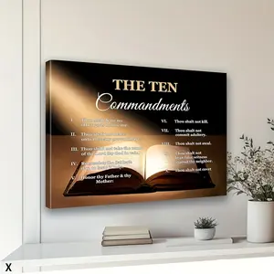 2D flat Framed, Ten Commandments wall decor, vintage Bible Ten Commandments picture wall decoration, God Bible scripture canvas print with frame, modern Christian painting artwork, suitable for church, living room, bedroom, office, 2D Flat