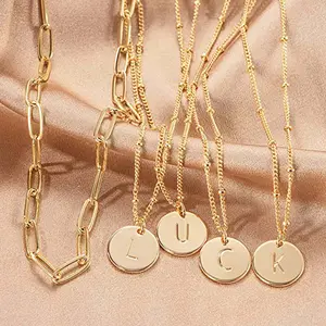 Paper clip shaped round plate with 26 letters double layer necklace for girls name jewelry