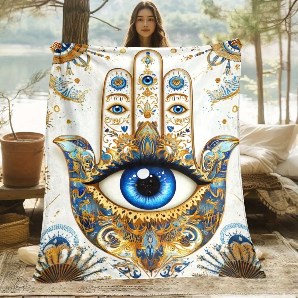 1pc Bohemian Style Flannel Fabric Throw Blanket - Mystic Eye Hamsa Hand Evil Eye, Blue-Golden-White Intricate Digital Print, Multi-Size Including 30x40in Small for Babies, Lightweight All-Season Soft Warmth, Sofa Bed Decor, Luxury Bedding Cover