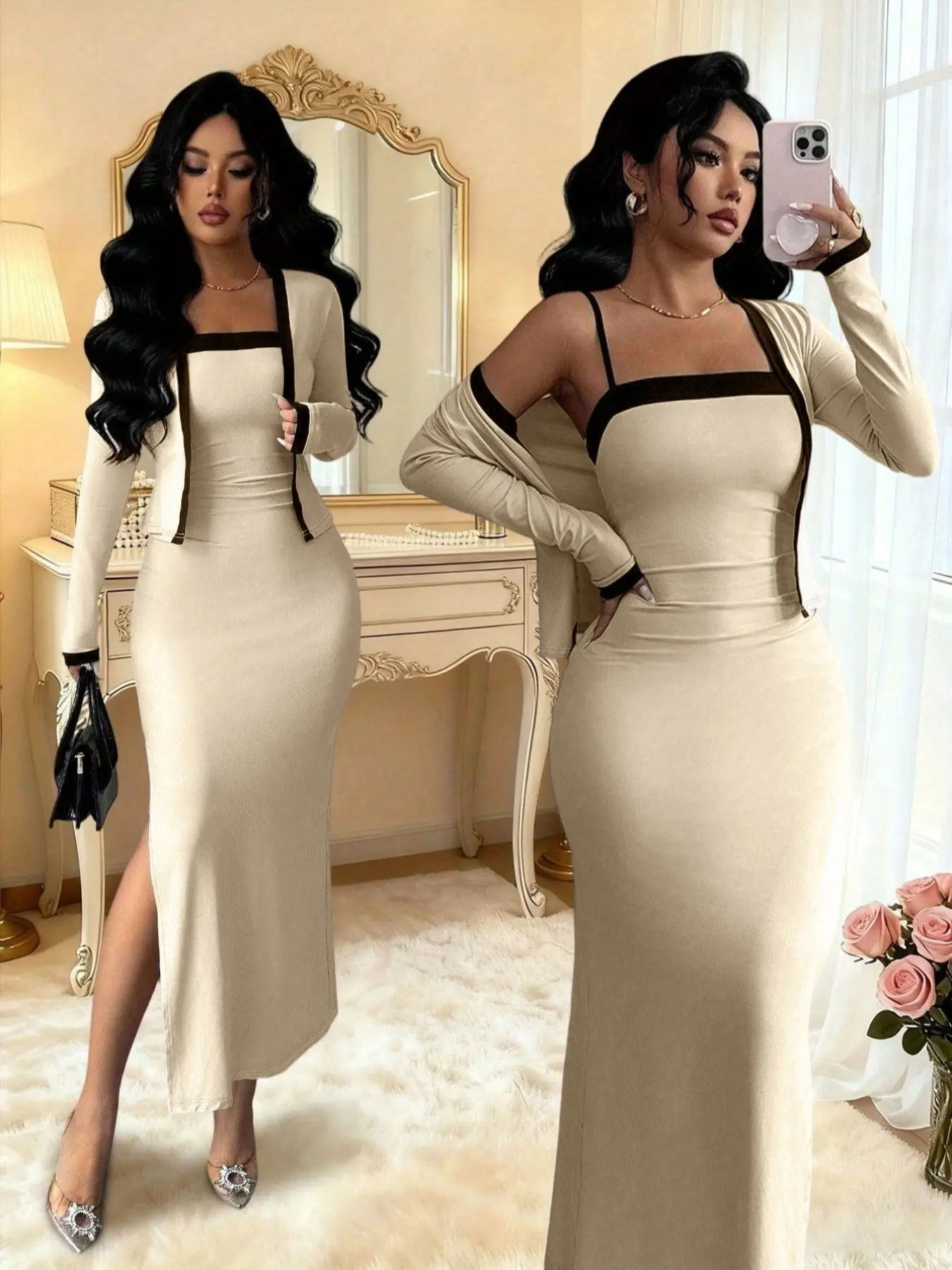Women's Colorblock Knit Two-Piece Set, Fashion Casual Chic Fall & Winter Wear, Comfortable Fit, Long Sleeve Outerwear and Split Hem Dress Set