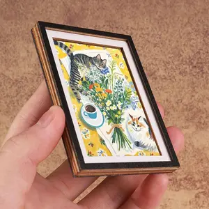 Mini Cat Photo Frame Refrigerator Magnet, Tiger Striped Cat and Three-Color Cat Resting on Flower Tablecloth, Kitchen Decor
