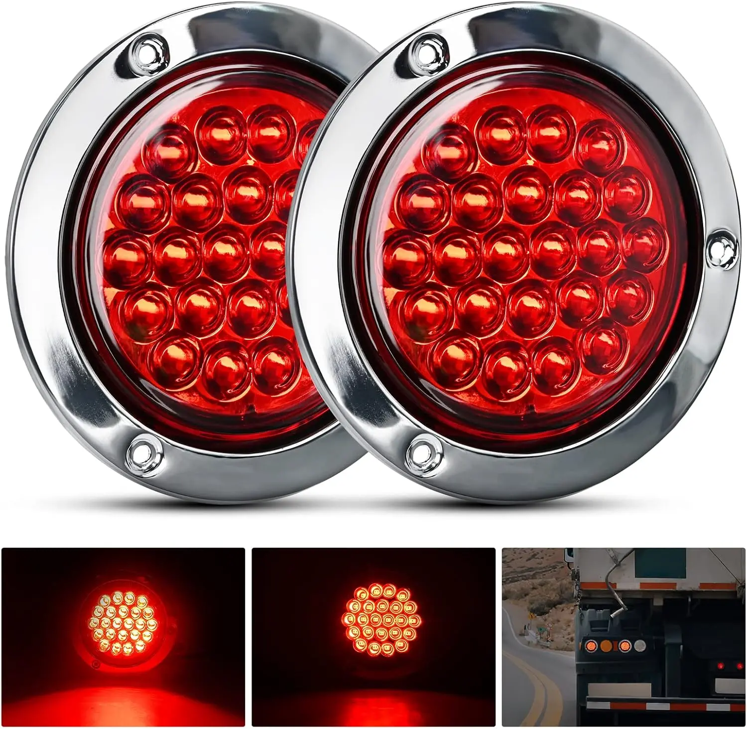 Nilight 4inch Round LED Trailer Tail Lights (2PCS, 24LED) with Stainless Steel Chrome Bezel, Waterproof Rear Led Lights Car, Aftermarket Semi Truck Accessories, Rear Lights