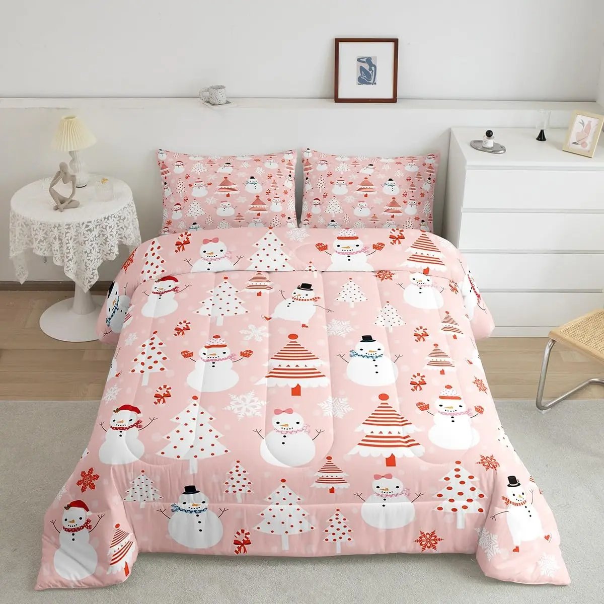 Feelyou Breathable Cartoon Pattern Christmas Bedding Set - Cozy Comforter with Pink Dots, Christmas Tree Decor Duvet Set, Inner Fill Available in Twin, Full, Queen Sizes, Breathable Bedding Set