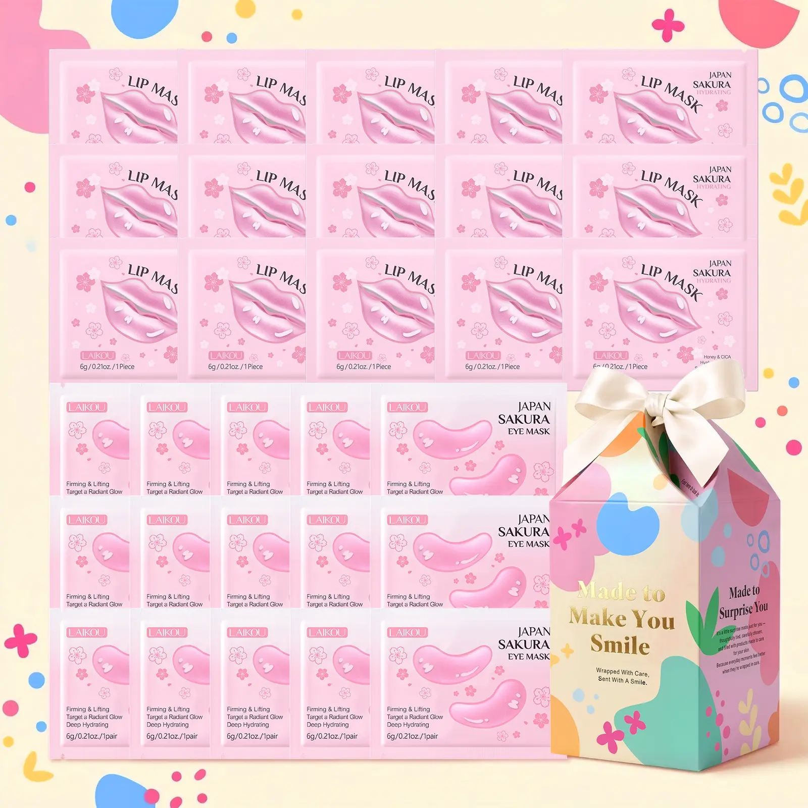LAIKOU Japan Sakura Moisturizing Eye Masks & Lip Mask Set, Eye Patches, Hydrating Eye Treatments, Hydrating Soothing Moisture for Dry Lips & Under Eye Area, Gentle Skin Care Hydrate