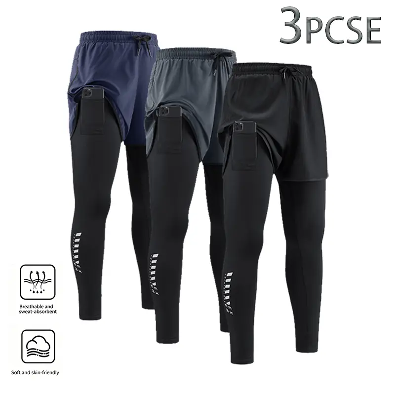 3-Pack Men’s 2-in-1 Running Leggings Set – athletic, body-hugging multi-sport pants with pockets, elastic waistband, quick-dry, breathable, compression, sweat-wicking—ideal for gym, jogging, training; men’s athletic pants, body-hugging men’s pants