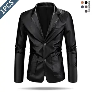 Men's Slim Fit Faux Leather Jacket - Stylish Brown Windproof Blazer, Lapel Collar, Long Sleeves, Side Pockets, Plain Design for Casual Wear, Menswear Tops, Jackets, Longsleeves