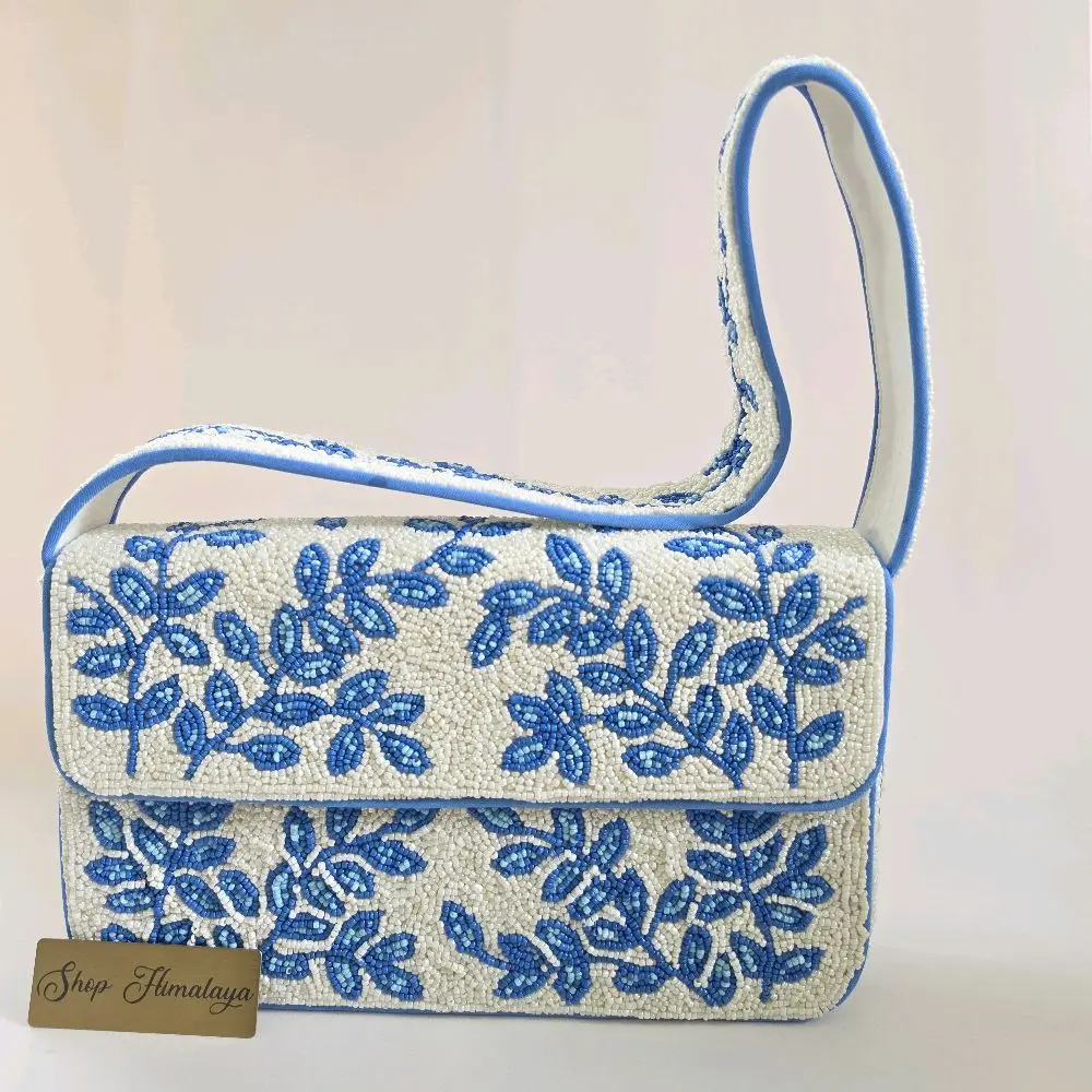 Beaded Blue Floral Leaf Shoulder Bag | Handcrafted White & Blue Botanical toile Handbag,